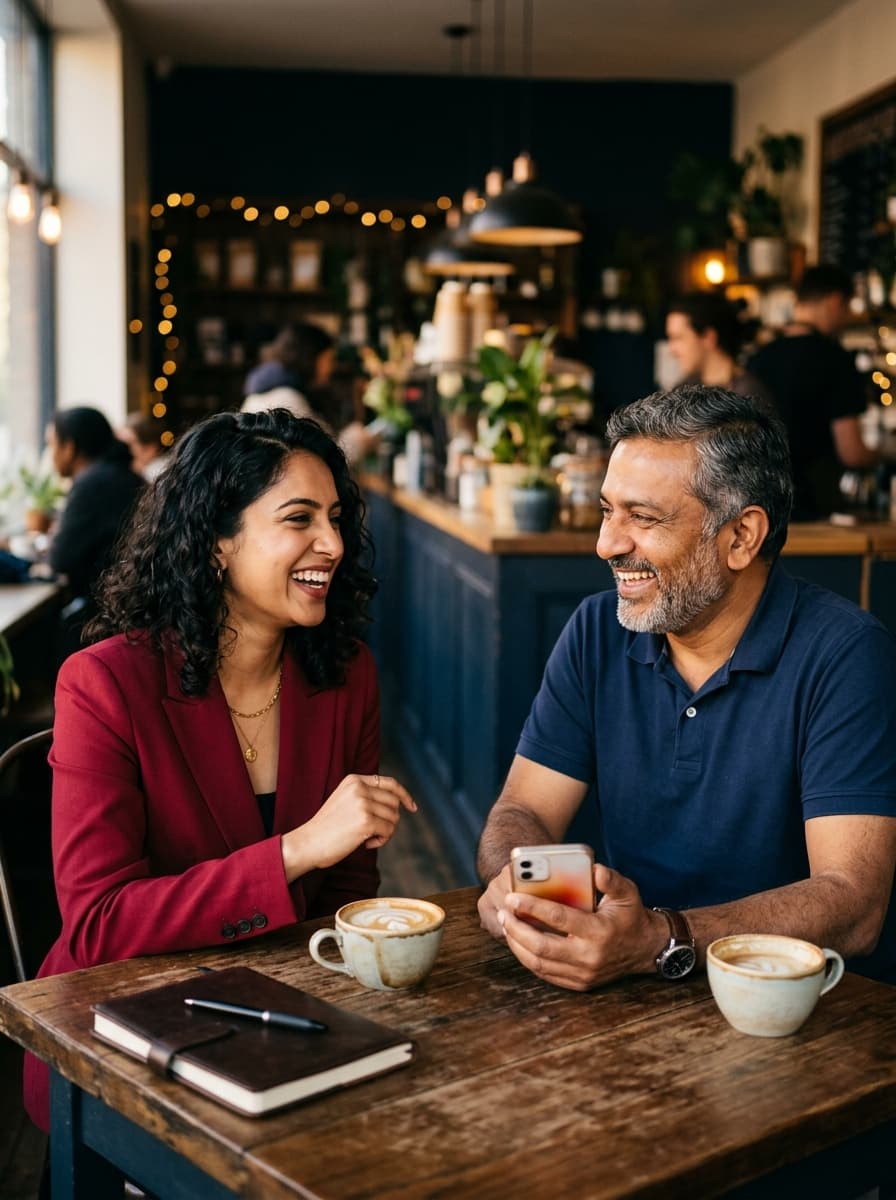 An account manager and her client laughing together after he approves the month on his phone