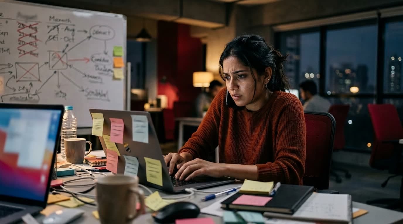 A social media manager on the phone late in the evening, a whiteboard of crossed-out dates behind her
