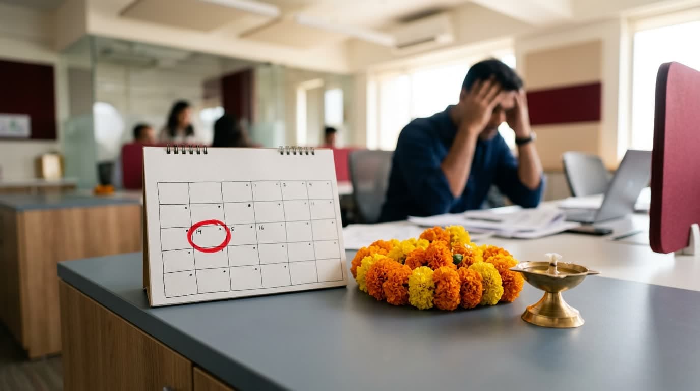 A desk calendar with a festival date circled beside an unlit diya and marigolds