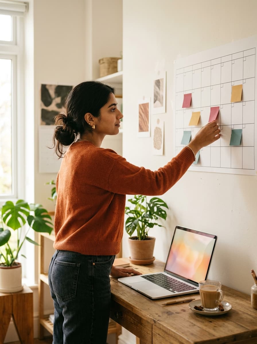 A social media manager placing colour-coded cards across a month planner on a studio wall